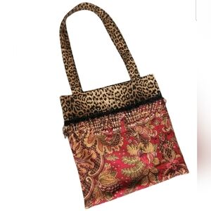 Leopard Print Boho Tapestry Tote Shoulder Bag Beaded Fringe Gypsy Embellished